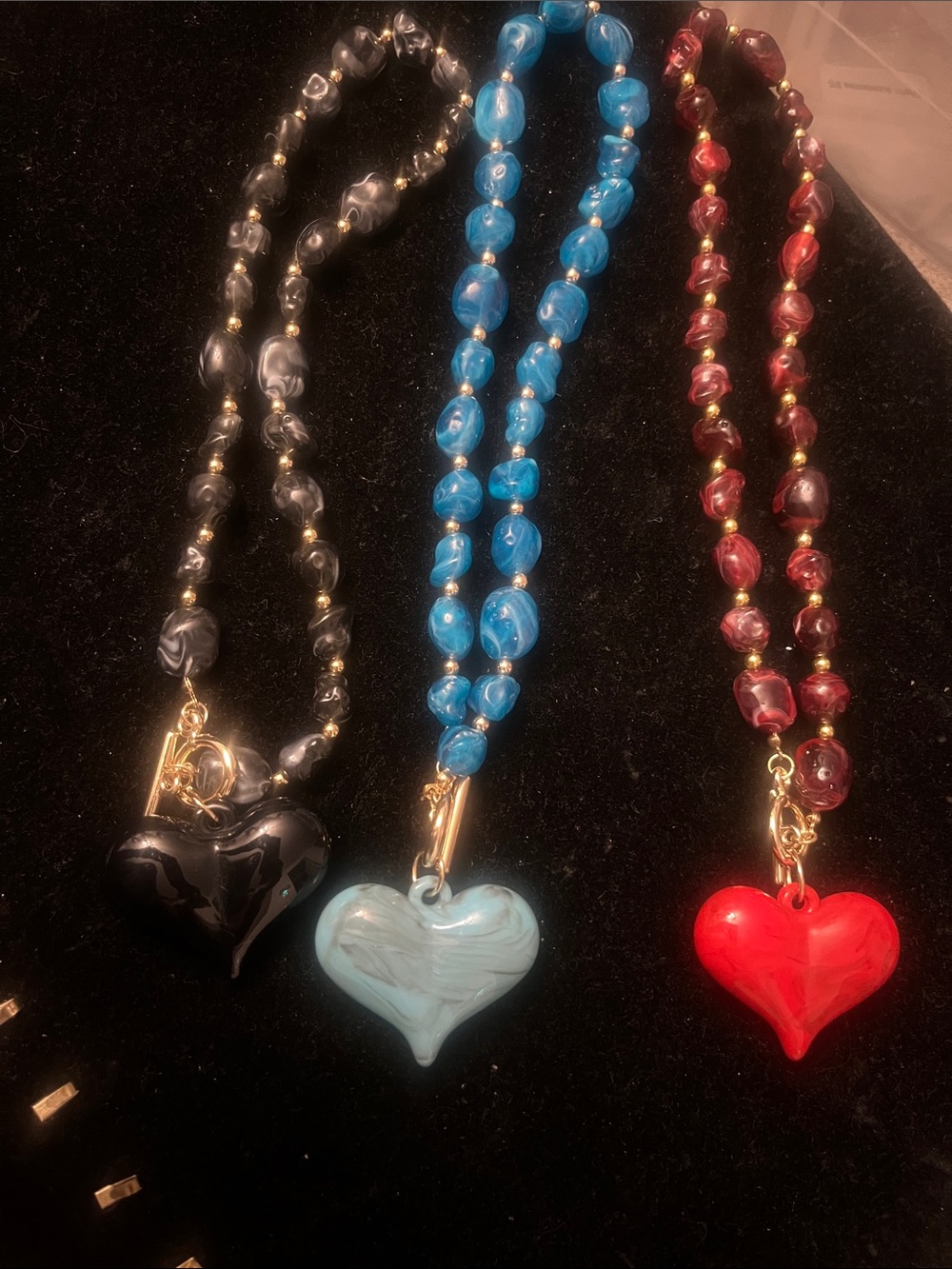 Handmade Glass Heart Pendant Beaded Necklace - Black, Blue, Red